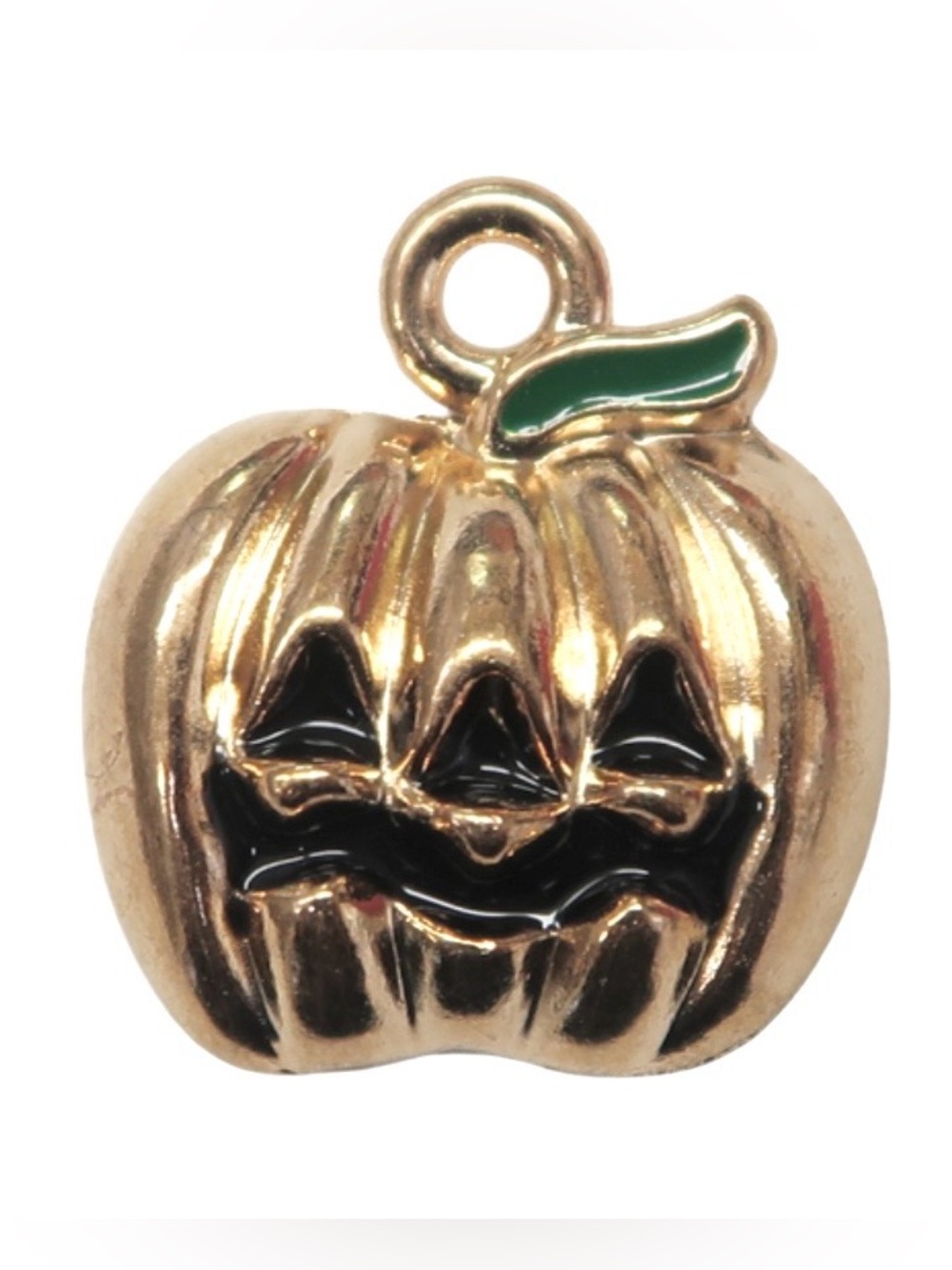 Jack-o'-Lantern Charm & Clasp, Gold-Tone with Green Leaf & Black Cutout Face NEW - Picture 4 of 7